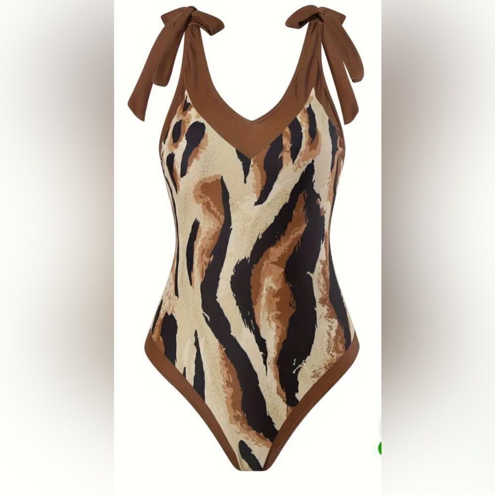Brown Zebra Print Stretchy V Neck Bow Tie Shoulder One-piece Bohemian Size XL